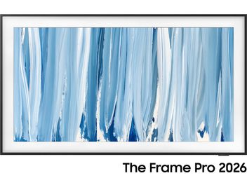 Televisor Samsung The Frame Pro TQ85LS03HW 2026 com moldura fina preta e ecrã de arte abstrata azul e branca em vista frontal