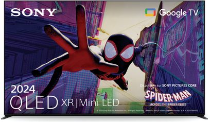 Sony BRAVIA 9 65XR90 TV i sort, glasdisplay med smal ramme, set forfra, fødderne placeret bredt, Google TV-grænseflade vist