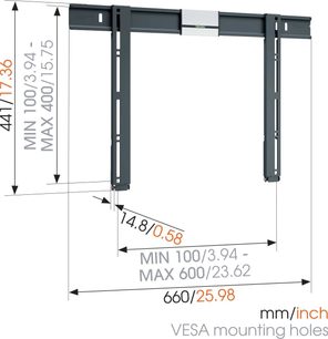 Sort vægbeslag til TV, set fra siden, minimale og maksimale dimensioner i mm/tommer, synlige monteringshuller