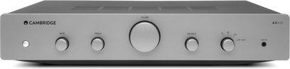 Cambridge Audio AX-A25 silver stereo hi-fi amplifier, front view, faceplate with buttons and adjustment knob