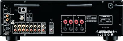 Onkyo TX-8150 sort hi-fi stereoforstærker, bagside, analog og digital audio/video-tilslutning, FM-antenne, strømstik