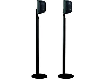 Zwei schwarze Bowers & Wilkins FS-M1 MK2 Lautsprecher-Standfüße, von vorne gesehen, aus Metall, mit runder Basis und schlankem, vertikalem Ständer