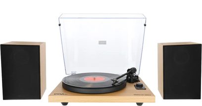 Hi-fi gramofon Enova HIFI Vision 2 SET bukev s prozornim pokrovom, črnim pladnjem, tonsko ročico, 2 pravokotnima zvočnikoma