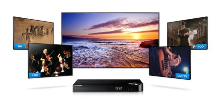 Samsung Blu-ray-afspiller med skærm, der viser 6 billeder af forskellige video- og musikindhold