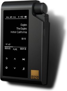 Audiofil musikafspiller Hifiman R2R2000 i sort, set forfra, skærm der viser "Eagles The Eagles Hotel California 03/12", gylden knap