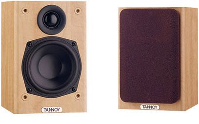Tannoy Mercury FR bagkabinet i lyst træ, sort højttaler, sort diskant, set forfra og fra siden
