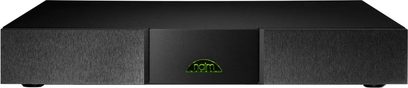 Naim Audio XPS DR sort strømforsyning, set forfra, rektangulær form der er længere vandret, grønt logo i midten