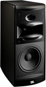 JBL LS40 sort bogreolhøjttaler, set forfra, rektangulært sort kabinet, rund højttaler, diskant, beskyttelsesgitter