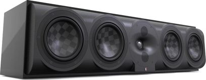Perlisten S7c Center Speaker, perspective view, 5 black circular drivers with a checkered pattern, black rectangular enclosure