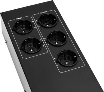Multiprise Taga Harmony PF-500, açıdan görünüm, 6 siyah priz, 2 doğrudan, 4 filtreli, siyah kasa, gümüş vida