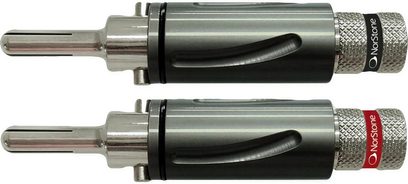 Zwei silberne und schwarze, zylindrische Metallstecker mit 6,35 mm Stereo-Klinkenbuchse, einer mit roter und einer mit grauer gerillter Manschette