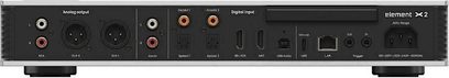 Matrix Audio Element X2 Netzwerk-Audioplayer aus silbernem Aluminium, schwarze Rückseite mit symmetrischen XLR-Ausgängen, Cinch-Buchsen und zahlreichen digitalen Anschlüssen, Rückansicht