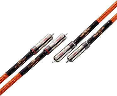 Ortofon Reference Bronze RCA analog lydkabel 1m med orange flettet kappe, sølvfarvede metalstik og gyldne inskriptioner