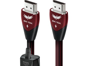 AudioQuest Firebird HDMI-kaapelin päät, punaiset liittimet mustissa koteloissa valkoisella taustalla