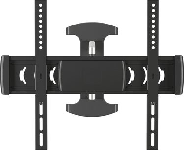 Sort vægmonteret TV-stander med ledede arme, 2 lodrette stænger, rektangulær base, 4 kroge på hver side, set forfra