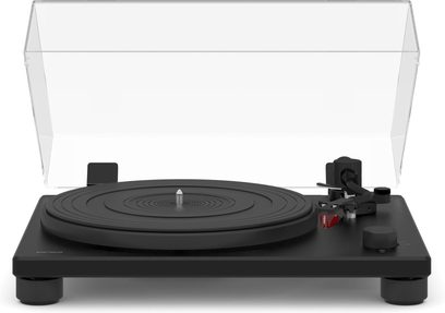 Sonoro Platinum EAS Hi-Fi Turntable, automatic, matte black with circular platter, tonearm, red stylus, and open transparent cover