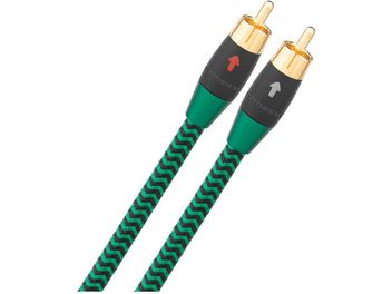 Analogowe kable audio RCA Audioquest Copperhead z modulacją, złocone złącza, zielona opleciona osłona, czerwone strzałki kierunkowe