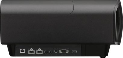 Sony VPL-VW570ES sort videoprojektor, bagudvendt, HDMI-, USB-, LAN-tilslutninger, indgangs-/udgangsstik, ventilationsgitre