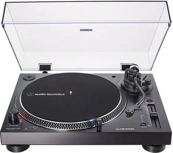 Audio Technica AT-LP120X USB sort pladespiller, set ovenfra, åbent låg, tonarm med pickup, sort pladedrev