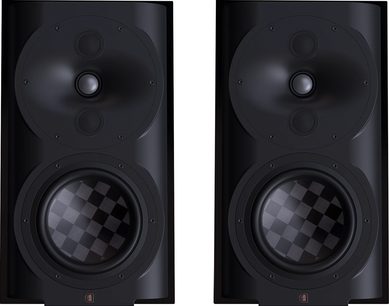 Reproduktory Perlisten S4b knihovního typu, pohled zepředu, černý povrch, 2 kruhové reproduktory, horní akustická mřížka, spodní membrána s čtvercovým vzorem
