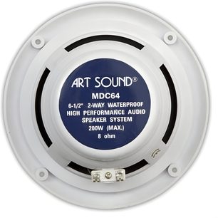 Enceinte encastrable de plafond ArtSound MDC64 blanche ronde, dos visible avec étiquette bleue étanche et bornier
