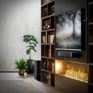 Houten plank met ingebouwde open haard, groene planten, boeken, gouden vaas, televisie met zwart-wit beeld van een stormachtig landschap
