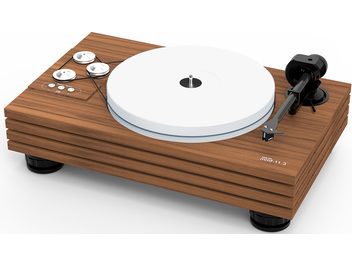 Hi-Fi винилов грамофон Music Hall MMF 11.3, орех, бял плотер, черно рамо, 4 крачета, 3 бутона, дървен корпус