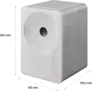 Bílý připojený reproduktor Samsung HW-LS71H se čtvercovou přední stranou a centrálním kruhovým reproduktorem v tříčtvrtečním pohledu