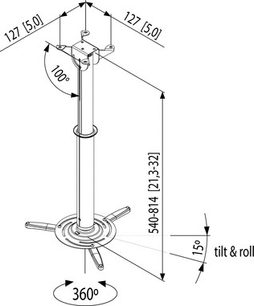 Vogel's PPC 250 hvid loftbeslag til videoprojektor, teknisk diagram med dimensioner i millimeter og grader