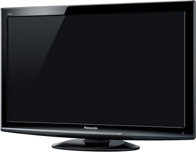 Panasonic TX-LF37S10 fladskærms-TV, set forfra, slukket, blank sort ramme, sort fod