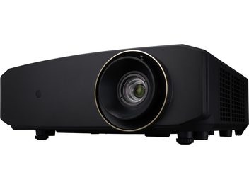 JVC LX-NZ30 black video projector, rectangular, gold-rimmed lens, side ventilation grilles, front view