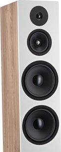 Vloerstaande luidspreker Krypton 10 met witte voorkant, zijkanten van licht hout, 1 tweeter, 1 middentoner, 2 zwarte woofers, schuin aanzicht