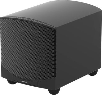 GoldenEar Forcefield 30 subwoofer i satinsort, trekvartsvinkel med buet frontgitter