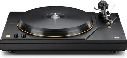 Platine vinyle MoFi Electronics MasterDeck+ noire, grand plateau noir et bras de lecture vue de face