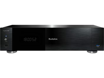 R_volution Play Pro 8K TV-medieafspiller i sort børstet metal, set forfra med central skærm og USB-port