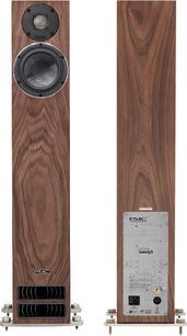 Sistem audio fără fir conectat Active twenty5.23i, vedere din față și din spate, finisaj din lemn, 2 difuzoare, port bass-reflex, conectoare posterioare