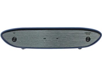 Preamplificator phono gri antracit, vedere din față, fațadă ovală periată cu indicatori MM MC și filtru subsonic