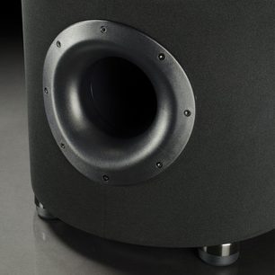 SVS PC-2000 sort askebøg cylindrisk baskabin, sort, nærbillede forfra, 6 synlige skruer på forsiden
