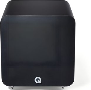 Q Acoustics Q SUB80 matte black subwoofer, cubic wooden enclosure with rounded corners and a front fabric grille featuring the centered Q logo at the bottom, front view