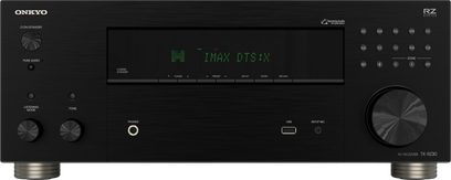 AV receiver domácího kina Onkyo TX-RZ30 černý, pohled zepředu s velkým centrálním displejem, velkými otočnými ovladači a předním USB portem