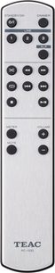 TEAC RC-1332 hi-fi fjernbetjening i metallisk grå, set forfra, med sorte knapper og LCD-skærm, "TEAC"-logo forneden