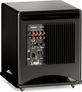 Cabasse Santorin 25 M2 sort subwoofer, set forfra, sort front med synlig højttaler og kontroller