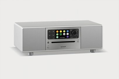 Sonoro Prestige radio in brilliant silver - silver, front view, silver-gray facade with color screen and buttons