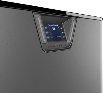 MartinLogan Depth 215 subwoofer i sort højglanslak, nærbillede af kontrolpanel og blå knapper på forsiden