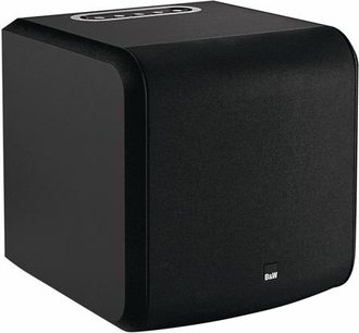 Bowers & Wilkins AS2 sort subwoofer, kubisk form, sort gitter på forsiden, "B&W"-logo nederst til højre
