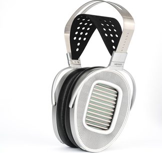 Atviras laidinis hi-fi ausinės Hifiman HE1000 Unveiled, šoninis vaizdas, sidabrinės ovalios ausų pagalvėlės, perforuotas juodas lankelis