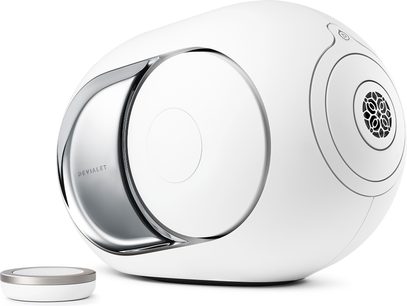 Бездротова підключена колонка DEVIALET PHANTOM I 103 DB chrome, хромоване покриття, вид спереду та з боку, овальна форма