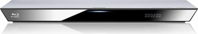 Panasonic DMP-BDT330EF sølvfarvet Blu-ray-afspiller, frontvisning, blåt digitalt display, blankt frontpanel, trykfølsomme knapper