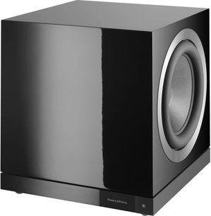 Bowers & Wilkins DB1D subwoofer i sort lak, front, lysegrå cirkulær højttaler, hvidt logo