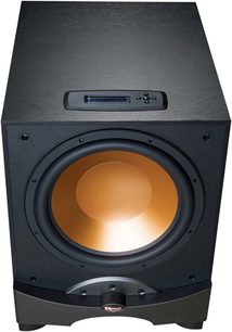 Klipsch RW-12d sort baskabin, frontvisning, cirkulær orange højttaler i midten, digitalt display øverst